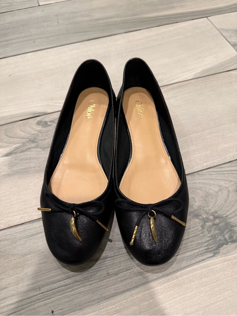Chloe Black Leather Ballet Flats with Gold Charms